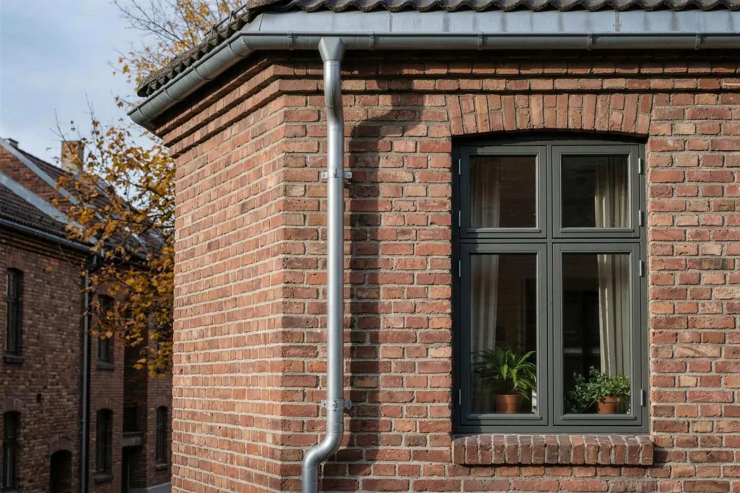 Detalj av ferdig montert takrenne og beslag på boligblokk, dagslys.